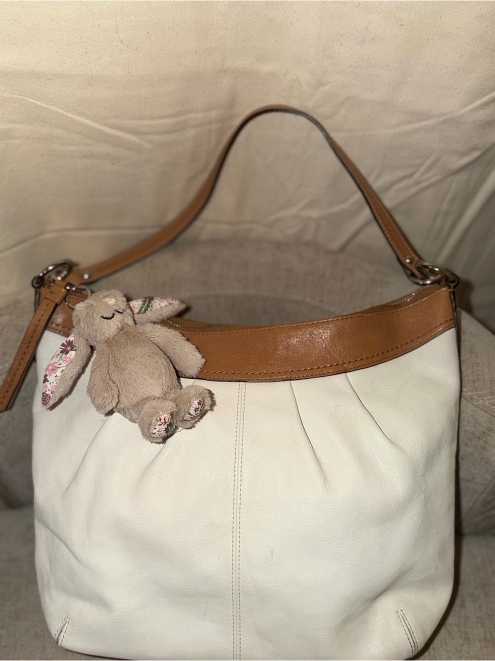Coach White Shoulder Bag with Brown Leather Trim